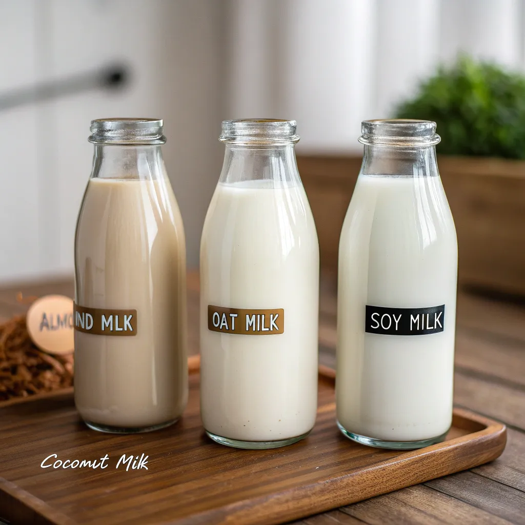Different types of plant-based milk in glass bottles