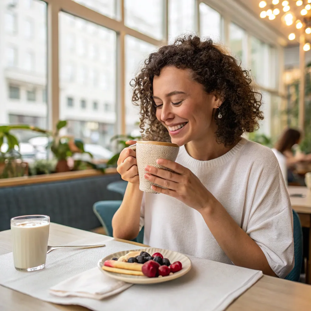 Happy customer enjoying plant-based milk course